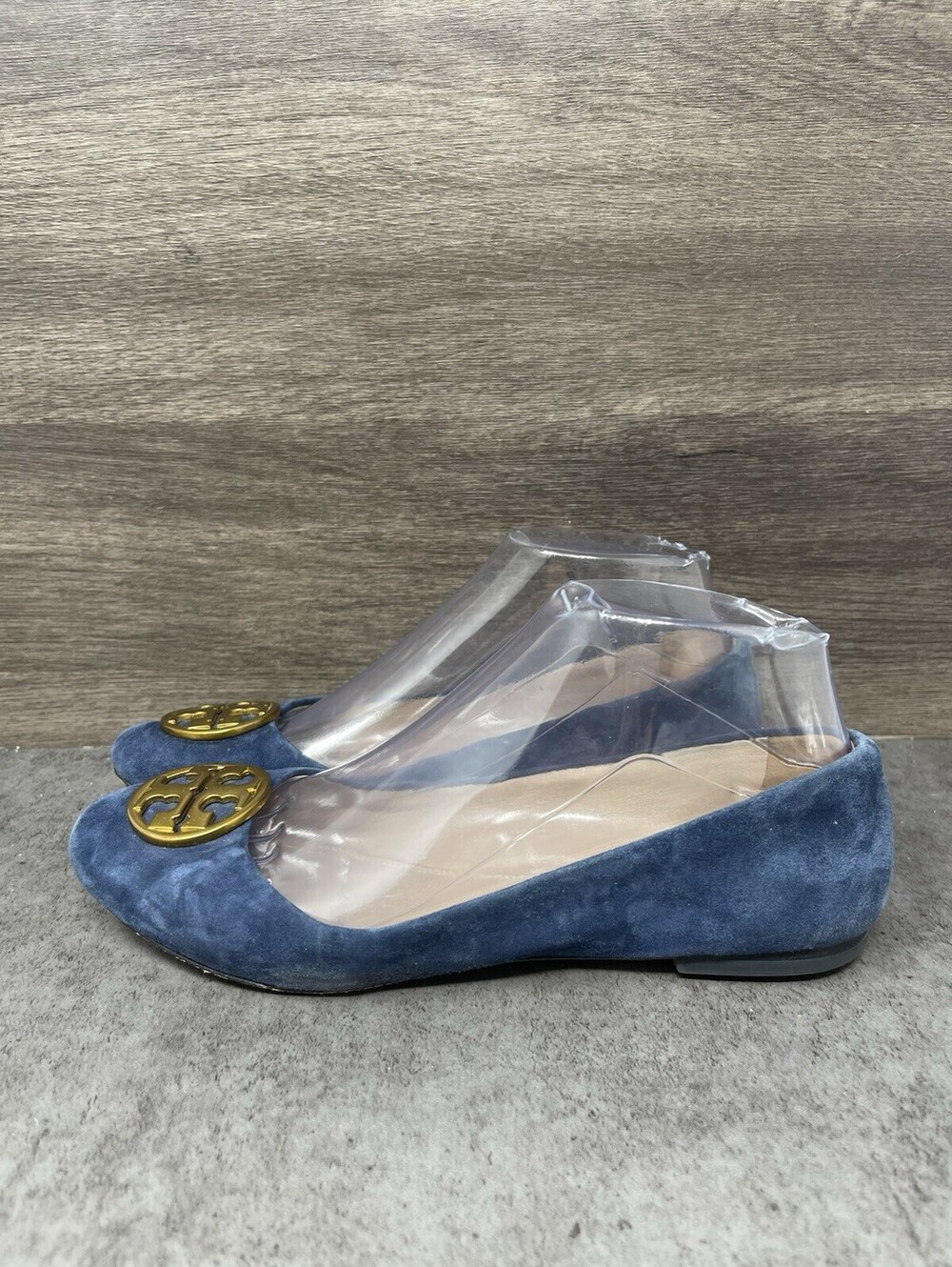 Tory Burch Reva Womens Size 6 Blue Suede Gold Logo Medallion Ballet Flats